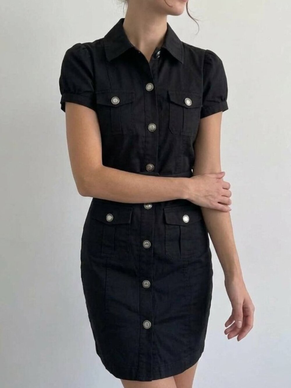 Y2K Suzy Shier Black Jet Girl Utility Military Goth Metal Button Down Dress S